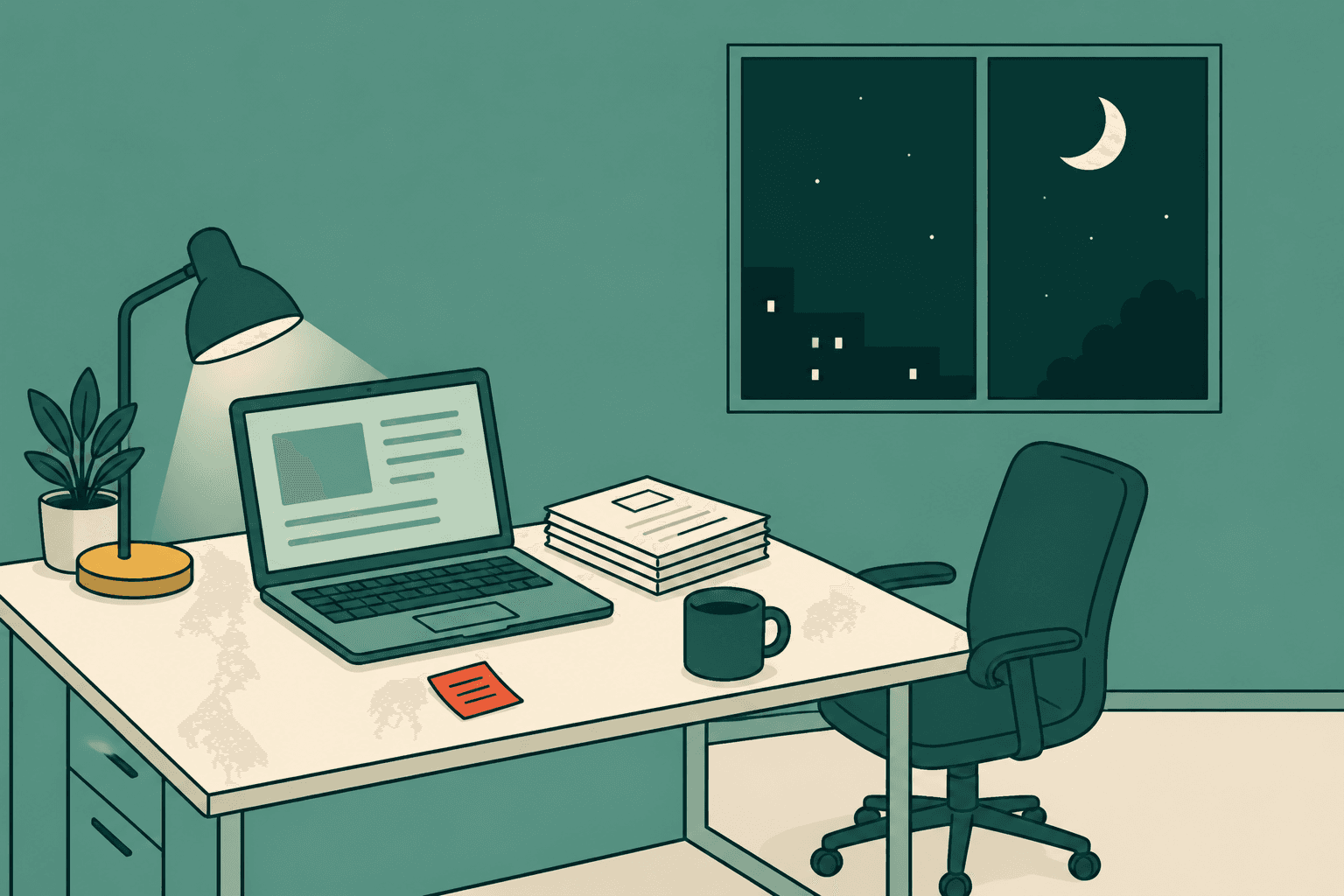Illustration of a business owner working late at a desk