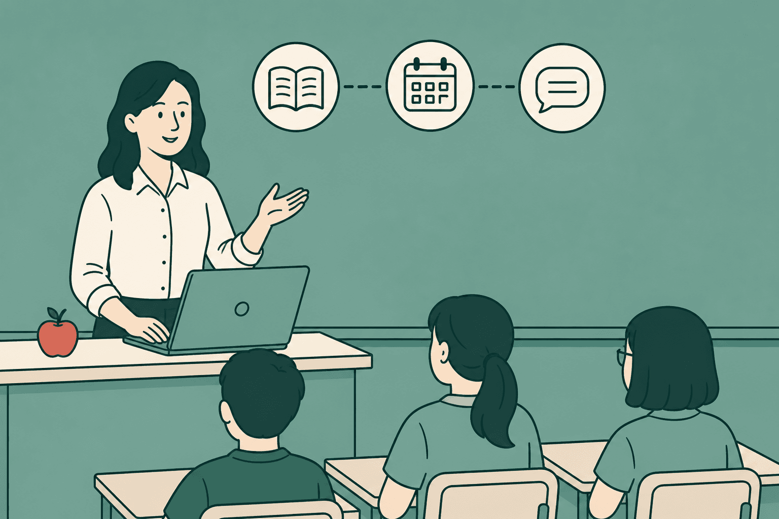 Illustration of a language school with connected tools